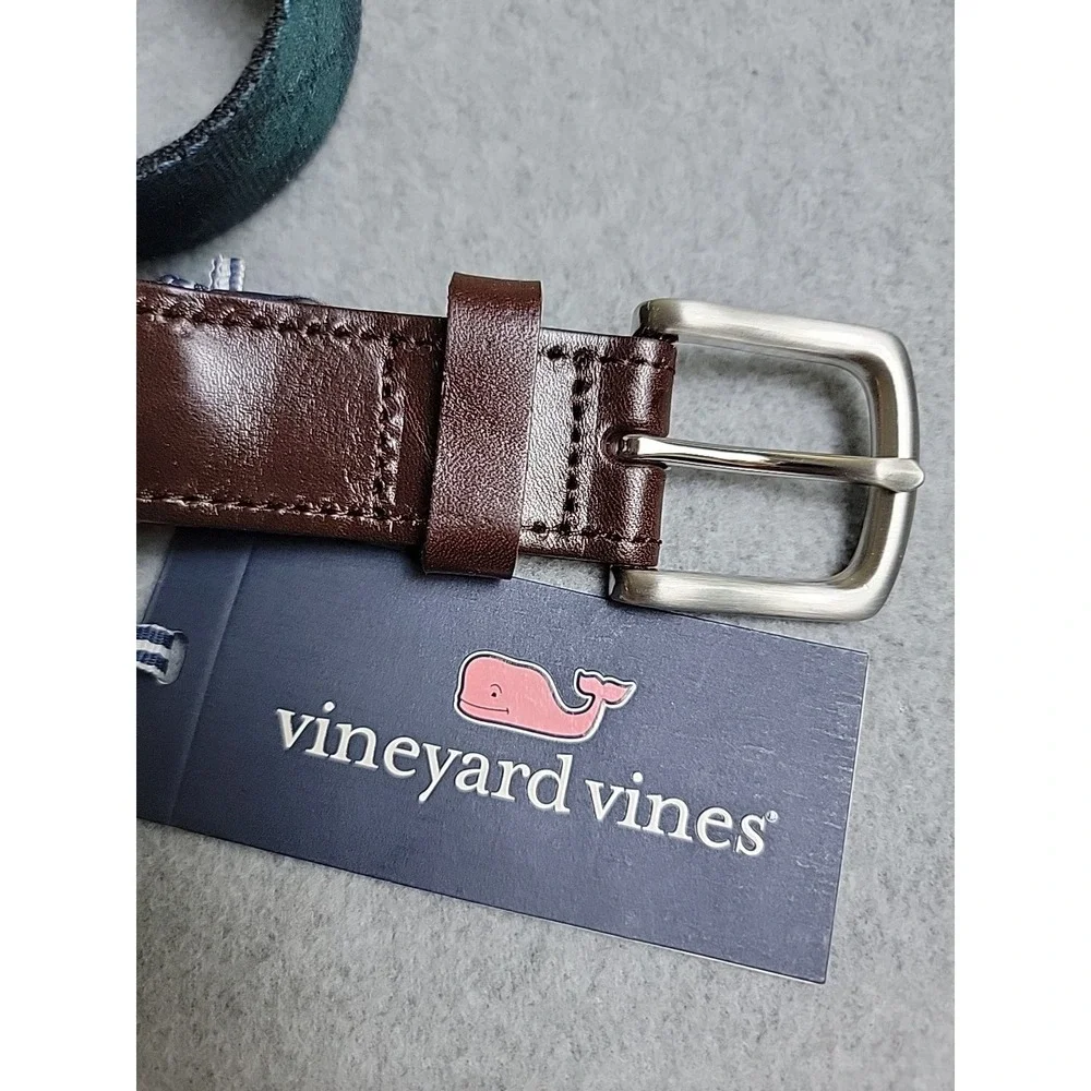Vineyard Vines Belt Mens 30 Tartan Plaid Blue Green Leather Preppy Dad Whale NEW